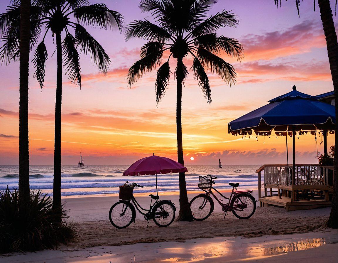 A romantic seaside sunset in Galveston, Texas, with a couple walking hand in hand along the beach, surrounded by colorful beach umbrellas and palm trees. In the background, a cozy beachside café with twinkling fairy lights, and a vintage bike resting nearby. The sky is painted with warm hues of orange, pink and purple, creating a dreamy atmosphere. super-realistic. vibrant colors. coastal scenery.