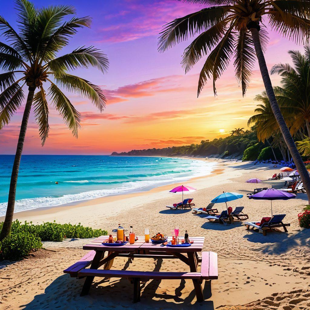 A serene beach scene featuring a pristine sandy shore and gentle waves lapping at the coast, with colorful beach umbrellas and sunbathers relaxing under the sun. In the foreground, a vibrant local cuisine spread on a picnic table, showcasing seafood dishes and tropical fruits. Lush palm trees sway in the background, and a picturesque sunset paints the sky with warm hues. The ambiance is inviting and tranquil, capturing the essence of a perfect beachfront getaway. super-realistic. vibrant colors. 3D.