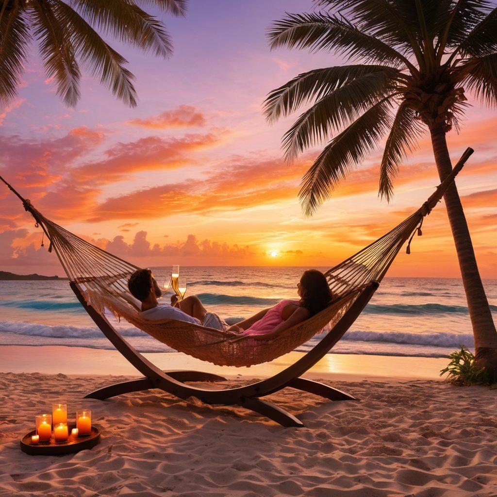 A serene beach scene at sunset, featuring a cozy couple lounging in a hammock strung between two palm trees, soft waves lapping at the shore. Lush tropical foliage surrounds the area, while a bottle of champagne and two glasses sit on a small table nearby. The sky is painted in warm hues of orange and pink, adding to the romantic atmosphere. super-realistic. vibrant colors. tranquil ambiance.